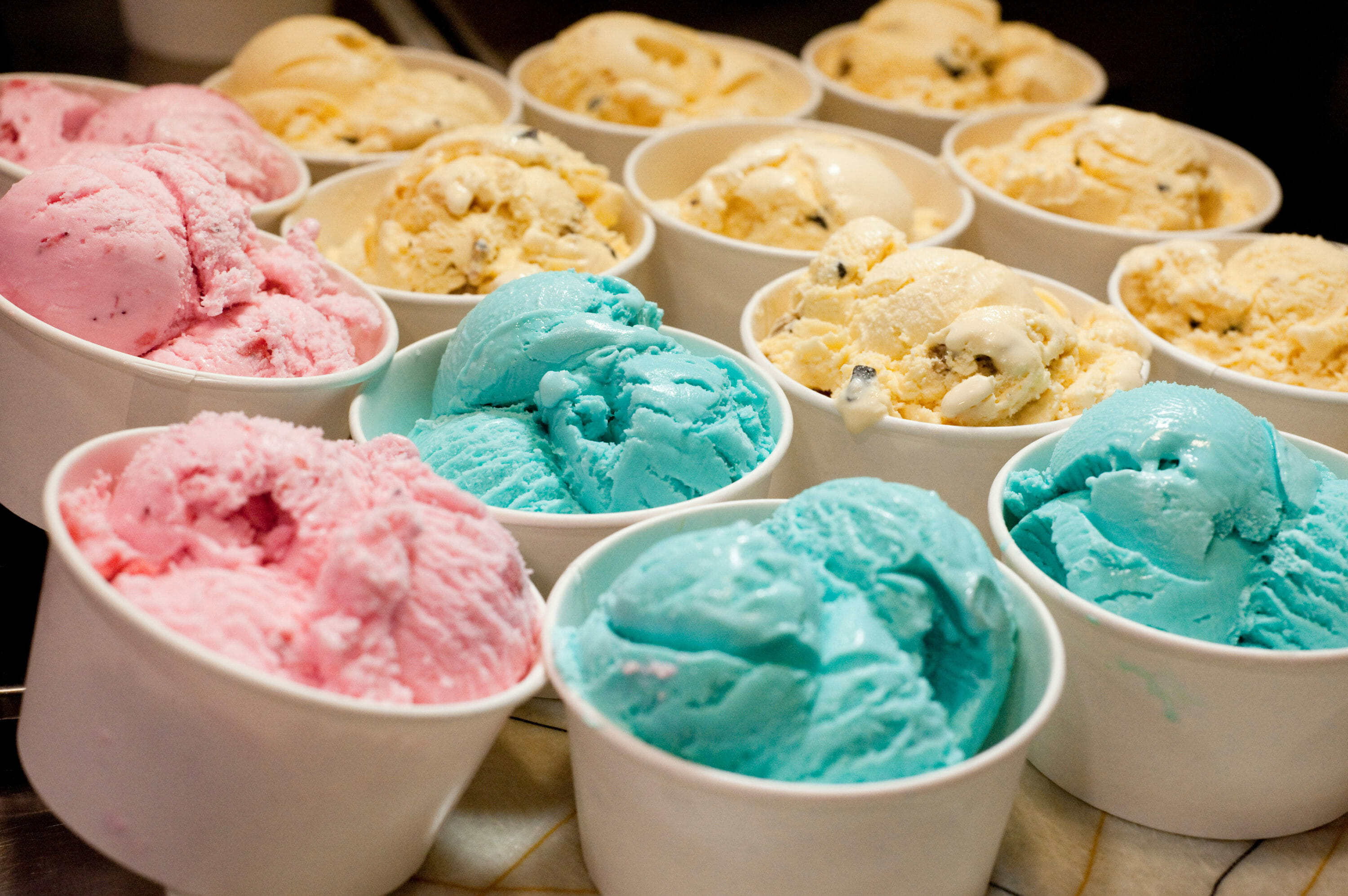 dishes of strawberry, chocolate chip cookie dough and blue moon ice creams at the Babcock Dairy Store