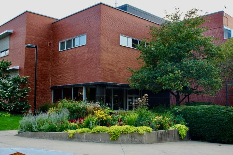 Corner of Babcock Hall with greenery