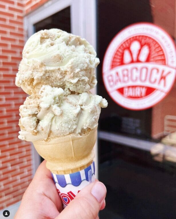 Hand holding ice cream cone with Babcock Dairy Logo in the background